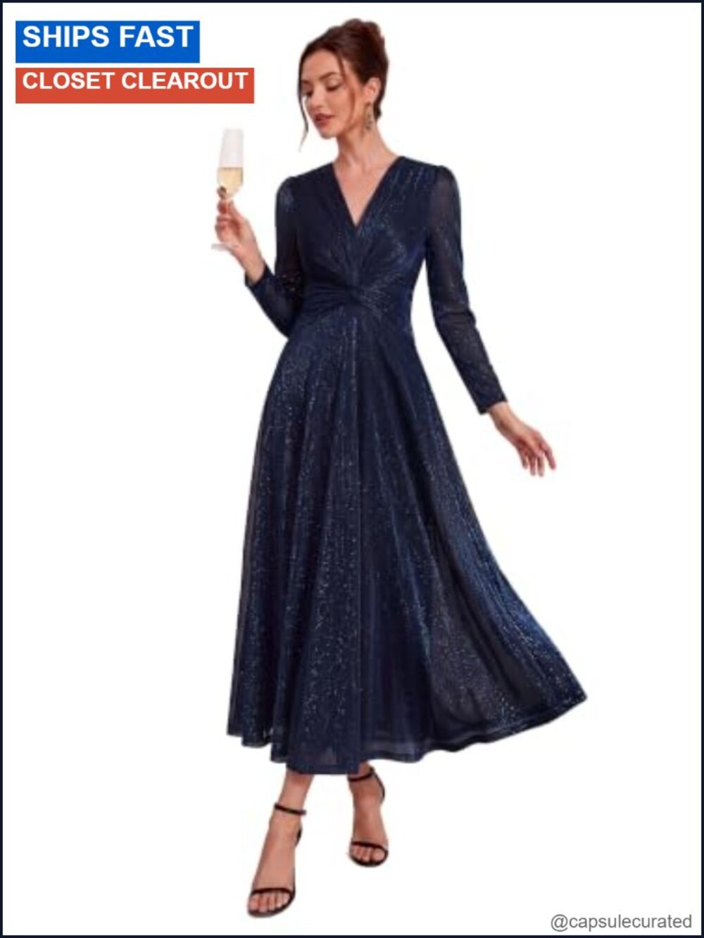 Long Sleeve V-Neck A-Line Midi Cocktail Dress Lurex Mesh Formal